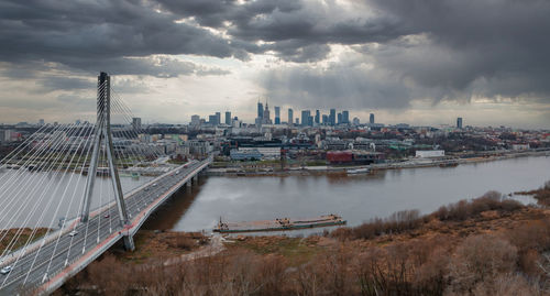 Aerial panorama of warsaw, poland with swietokrzyski bridge