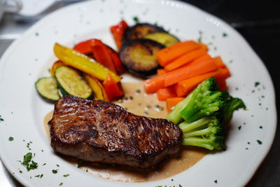 High angle view of food in plate on table