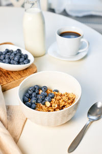 Homemade granola with nuts and fresh blueberries for breakfast. healthy breakfast. 