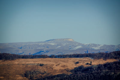 Scenic view of snowcapped mountains against clear blue sky