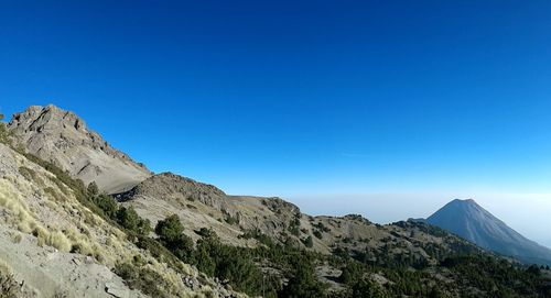 Scenic view of mountain range against clear blue sky