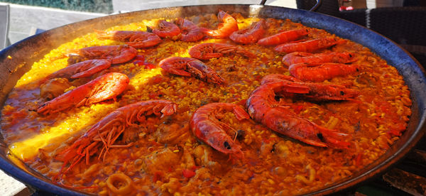 Close-up of meat in cooking pan