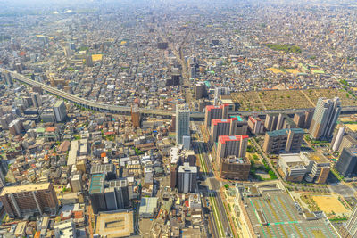 High angle view of modern buildings in city