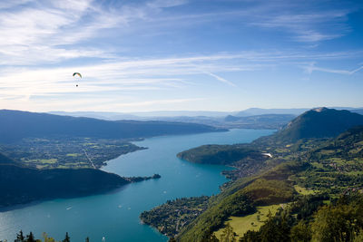 Scenic view of river and mountains against sky