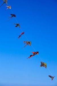 Low angle view of kites flying against clear blue sky