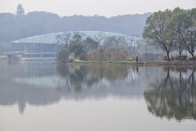 Reflection of trees in lake against sky