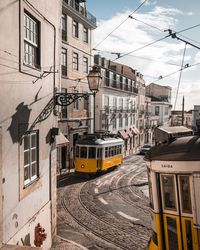 Cable car on street in city