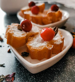 Close-up of dessert in plate on table