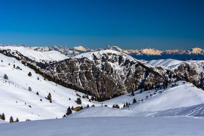 Scenic view of snowcapped mountains against blue sky