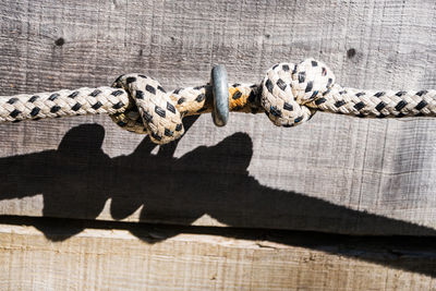 A black and white rope with two knots to serve as a railing on a steep mountains paths