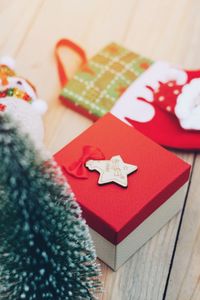 High angle view of christmas decorations on table