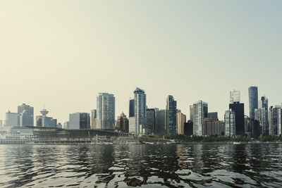 River by city buildings against clear sky