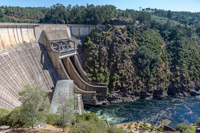 High angle view of dam by river in forest