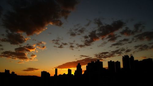 Silhouette of buildings at sunset