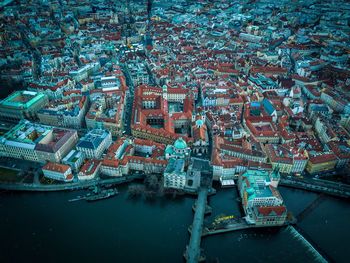 High angle view of city in water