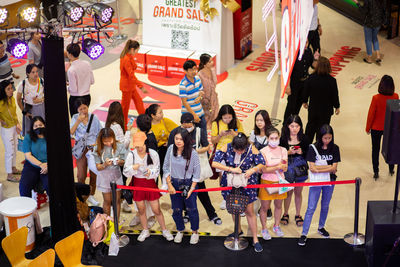 High angle view of people at market