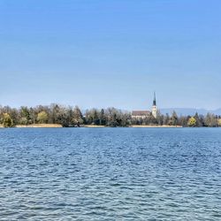 Scenic view of lake by building against sky