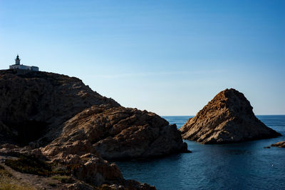 Rocks in sea against clear blue sky