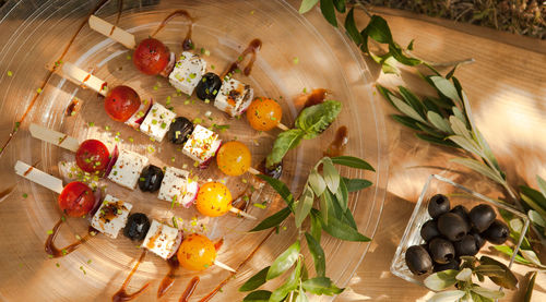 High angle view of chopped fruits on table