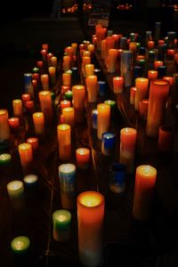Close-up of candles burning in row