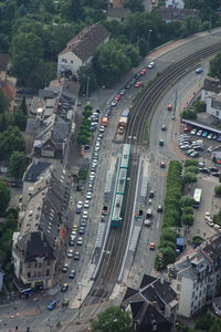 High angle view of vehicles on road in city