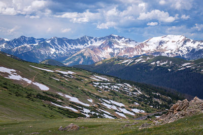 Scenic view of snowcapped mountains against sky