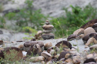 Close-up of stone stack on rock