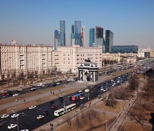 High angle view of street and buildings against sky