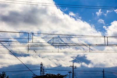 Low angle view of electricity pylon against cloudy sky