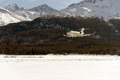 A private jet taking off at the engadine st moritz airport