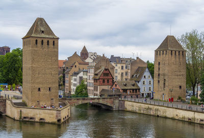 Waterside scenery around ponts couverts in strasbourg, a city at the alsace region in france