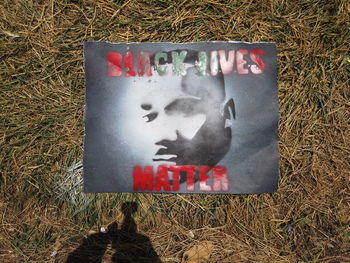 High angle view of text on field