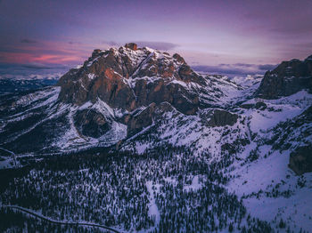 Scenic view of snowcapped mountains against sky during sunset