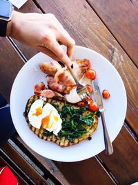 High angle view of breakfast served on table