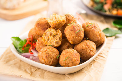 High angle view of food in plate on table