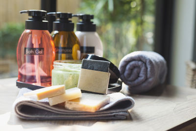 Close-up of toiletries on table