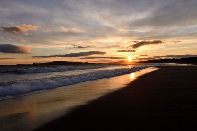 Scenic view of beach against sky during sunset