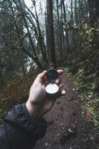 Close-up of man holding hands in forest