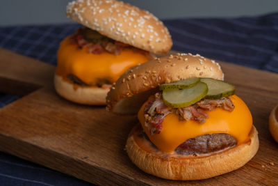 Close-up of burger on cutting board