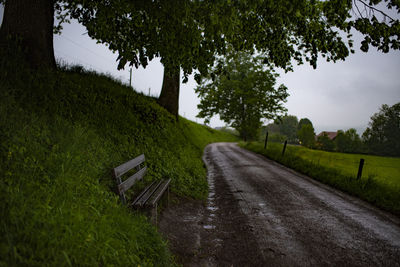 Road amidst trees on field against sky