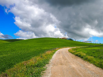 Empty road amidst field against sky