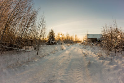 Snow covered road against sky during winter