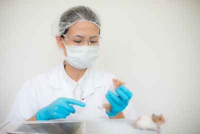 Doctor giving injection to rat against white background