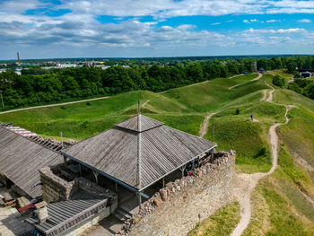 High angle view of land against sky