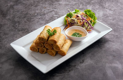 High angle view of food in plate on table