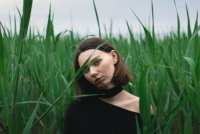 Young woman in the green reed bushes