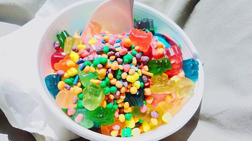 High angle view of candies in bowl