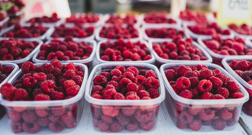 High angle view of raspberries on table