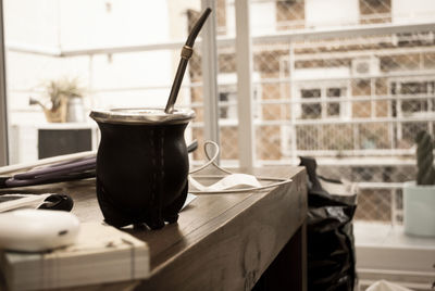 Close-up of coffee cup on table