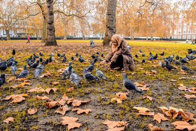 Smiling woman feeding pigeons in park during autumn